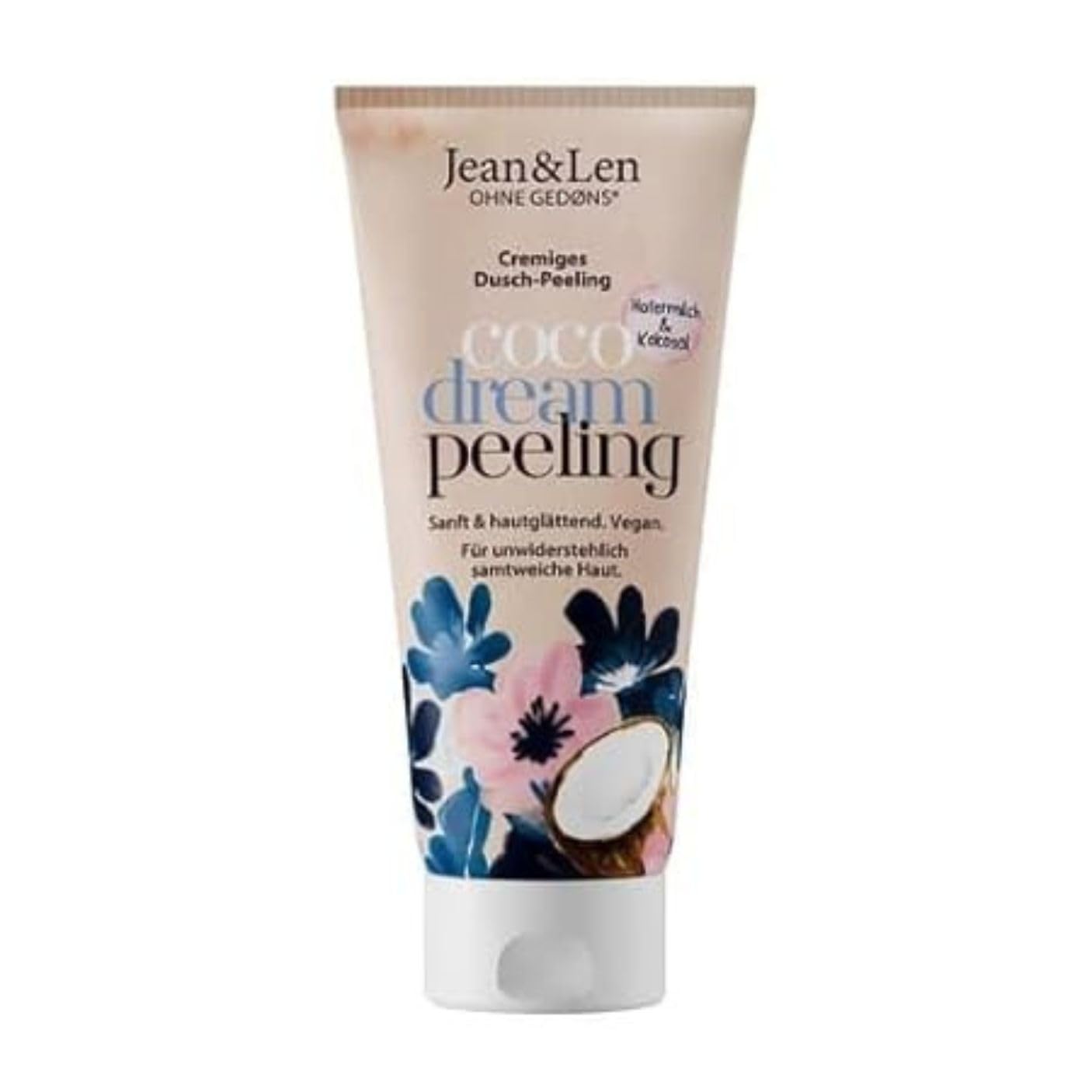 Jean & Len Exfoliante de ducha Leche de avena y coco, con partículas exfoliantes de cáscara de coco, elimina las células muertas, deja la piel aterciopelada, sin siliconas, Body Scrub vegano, 200 ml