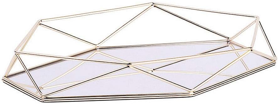 FABSELLERMetal Mirrored Ornate Decorative Tray Three-Dimensional Storage Tray Hexagonal Desktop Cosmetic Jewelry Box Organizer (Gold)