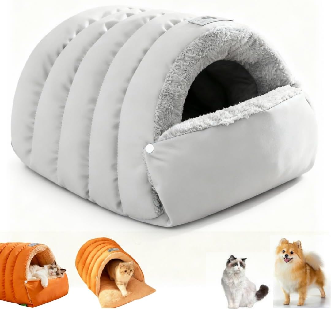 Cat Cave Bed for Indoor Cats, Winter Warm Cat Sleeping Bag Small Dog House, Plush Cats Tunnel Bed Cozy Warming Pet Cave Beds (D - Brown, L - 23.6 * 19.6 * 11.8 in)
