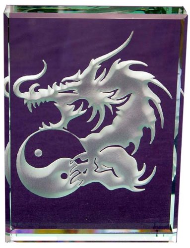 Yin Yang Dragon Hand Carved Etched Glass Paperweight