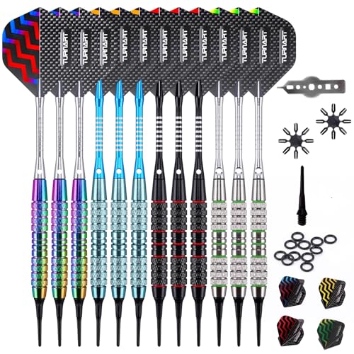 Turnart Darts Plastic Tip - Professional Soft Tip Darts Set for Electronic Dartboard 12 Pcs 18 Grams with 50 Extra Tips 24 Flights 2 Flight Protctors and Tool Kit Gift Darts (Blue)
