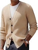 Mens Cardigan Sweaters V Neck Waffle Texture Cardigans Long Sleeve Button Down Knit Sweaters Apricot