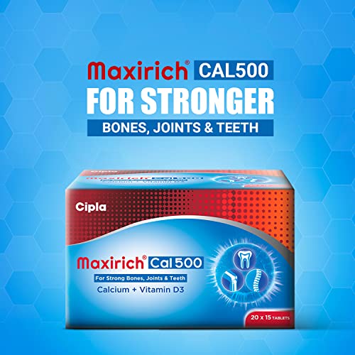 Image of Cipla Maxirich Cal 500 (45 Tablets) | Calcium 500mg & Vitamin D3 | For Strong Bones, Joints & Teeth (15 x 3 Strips)