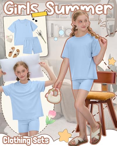 Image of Oakgarden Girls 2 Piece Outfits School Clothes | Back to School, Travel, Summer, Casual Sets, Athletic, Short Sleeve Top, Bike Shorts, Tween, Trendy, Matching Clothing, 5-14Y