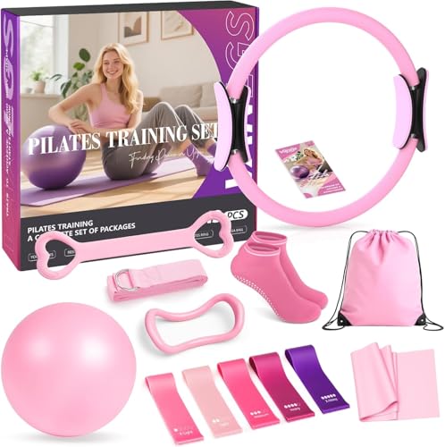 Vanlgs Pilates Kit 13Pcs Home Pilates Essentials Workout Kit with 13" Ring, 10" Ball and Resistance Bands for Women at Home Pilates Equipment Set for Beginners（Pink）