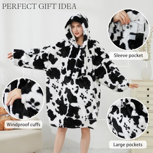 Image of Softan Blanket Hoodie, Oversized Fleece Wearable Blankets for Women and Men Gifts, Cozy Warm and Soft Sweatshirt Blanket with Large Pocket, Cow Print