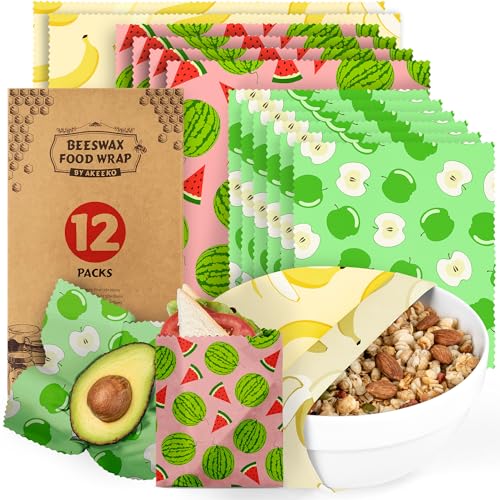 Akeeko Reusable Beeswax Food Wraps - Assorted 12 Pack, Reusa