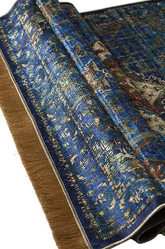 Tapis de prière luxe bleu avec motifs soignés et finitions haut de gamme