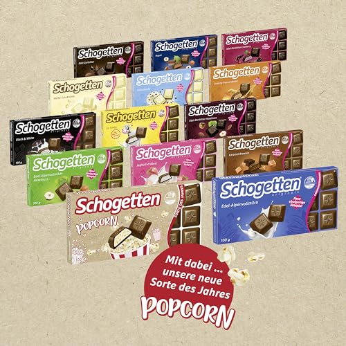 Schogetten Popcorn 1 x 100g Schokoladentafel, mit Popcorn- und Maisstückchen, praktisch einzeln portioniert. Ein Genuss. Stück für Stück. (Packung mit 2)