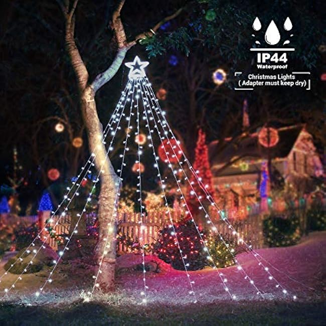 Toodour Christmas Decorations Outdoor Star Lights, 317 LED 10ft X 9 Waterfall Tree Lights with 12 Topper Star, 8 Lighting Modes Outside Christmas Lights for Yard Garden Holiday Decor (White)
