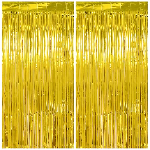 Image of Graduation Decorations Thicken Gold Tinsel Backdrop 2 Pack 3.2 x 8.2 FT, Foil Fringe Curtains for Wall Decor, Gold Streamers for Birthday, Prom, Hollywood, Anniversary Party Decorations