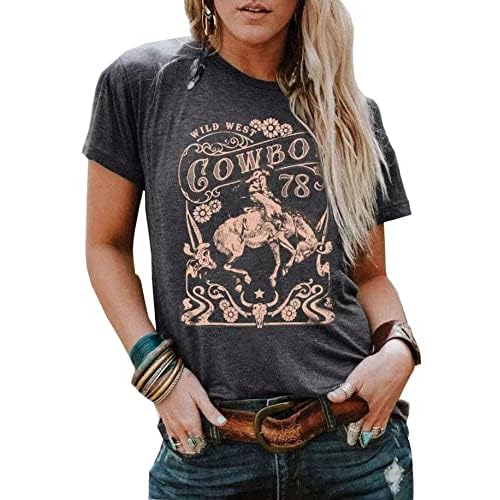 Western Rodeo T-Shirt Women Vintage Cattle Skull Cowboy Shirt Tops Country Music Short Sleeve Casual Tee Tops
