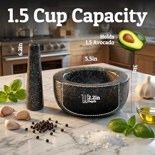 Priority Chef Heavy Duty Mortar and Pestle Set, 1.5 Cup, 100% Granite, Non Slip Base, Make Fresh Guacamole, Salsa, Pesto, Stone Grinder Bowl, Herb Crusher, Spice Grinder, 5.5 Inch - Black - Image 4