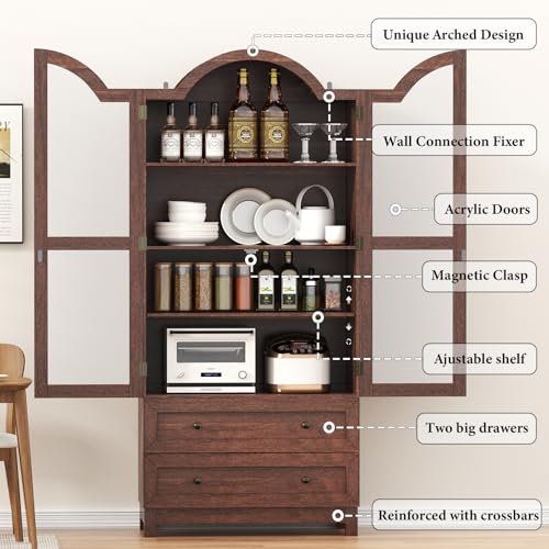 Image of EasyCom 71 inch Tall Arched Kitchen Cabinet, Walnut Pantry Storage with Doors | 4 Adjustable Shelves, 2 Large Drawers, Glass Doors, Anti-Tipping Kit, Versatile Modern Farmhouse Cupboard for Kitchen, Dining