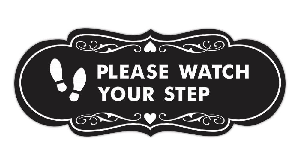 Designer Please Watch Your Step (Footprints) Sign (Black) - Large