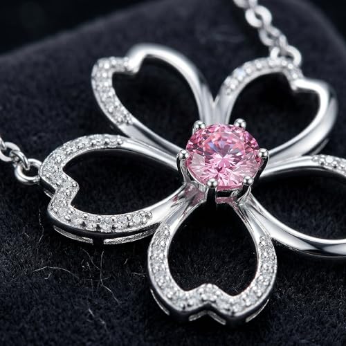 FOLIO ARC Cherry Blossom Necklace for Women, Rhodium Plated Silver Tone Sakura Flower Pendant Necklace with Pink Crystal, Dainty Floral Jewelry Gift for Her — view 2