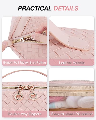 Image of BAGSMART Makeup Bag, Travel Cosmetic Bag Organizer, PU Leather Water-Resistant Pouch, Open Flat Makeup Storage for Toiletries, Brushes, PU Leather Pink