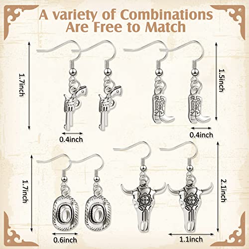 Henoyso 4 Pairs Cowgirl Boot Hat Western Earrings for Women Cowboy Dangle and Drop Earrings for Ladies(Silver)2
