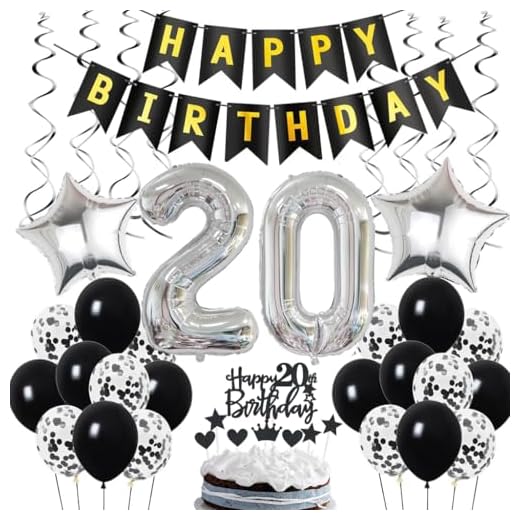 Ohaoduo Decoración de 20º cumpleaños, decoración de 20 años, diseño de hombre y niño, 20 globos negros y plateados, globos de 20 cumpleaños, decoración para fiesta de 20 cumpleaños