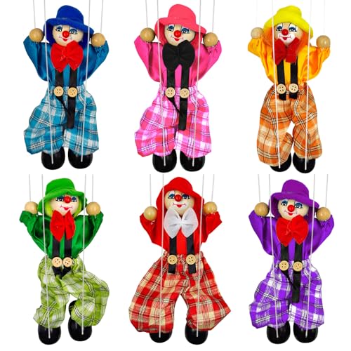 6 Pack Wooden Marionette Puppets Clown Pull String Puppets Movable Hands and Feet Joint Activity for Family Men Women Theater Puppetry Party