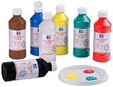 material para pintura acrilica fluida Contiene 7 colores (los primarios por partida doble): amarillo primario, rojo primario, azul primario, verde oscuro, marrón, negro y blanco