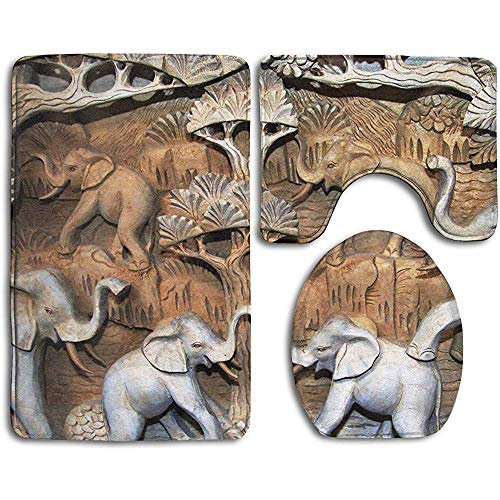 Alfombrillas de baño Juego de 3 Piezas, alfombras de baño con Estampado de Elefantes Naturales + Funda de Asiento de Inodoro + Alfombrilla de Contorno