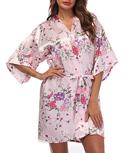 Women's Short Floral Kimono Robe Blossom Bathrobe for Wedding Party Bridal Dressing Gown Sleepwear Pink
