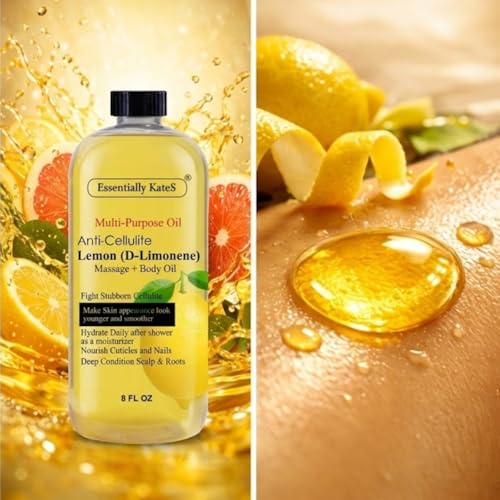 Image of Essentially KateS Lemon (D-Limonene) Massage Lotion Body Oil Multi-Purpose Oil 8 Fl Oz - Cellulite Massage, After-Shower Moisturizer, Hair Scalp Conditioning, and Nail & Cuticles Nourishing