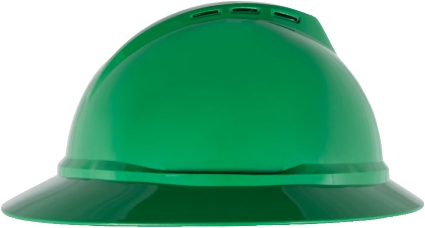MSA 10168438 V-Gard 500 Full-Brim Hard Hat With 6-Point Fas-Trac III Ratchet Suspension | Polyethylene Shell, Superior Impact Protection, Self Adjusting Crown Straps - Standard Size in Green