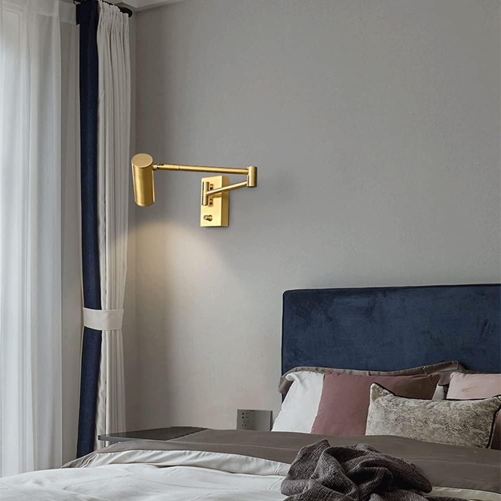 Modern Home Decoration Brass Swing Arm Wall Sconce Adjustable Hardwired Wall Lamp with On Off Switch Farmhouse Black Vintage Gold Industrial Wall Mounted Reading Light for Bedroom Bedside