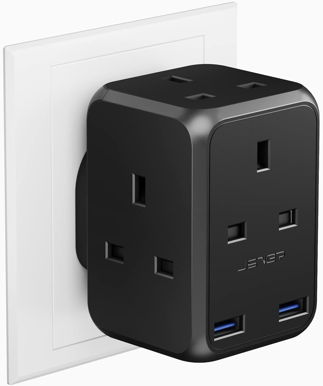 Jsver Plug Adapter Usb With 4 Way Sockets 13A Cube Extension Multi Wall Socket Extender For Home, Office Black
