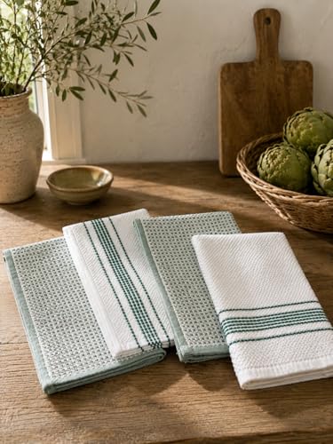 Image of Kitchen Towels, Cotton Hand Towels White & Turquoise Mini Weaved Stitched Design 4 Pack Absorbent Hand Drying Cloths, 18 x 28 Kitchen Linens