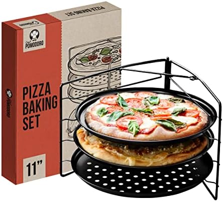 Chef Pomodoro Pizza Baking Set with 3 Pizza Pans and Pizza Rack, (11-Inch Pans), Non-stick Perforated Pizza Trays for Oven, Grill, Pizza Pan with Holes, Pizza Pan for Oven, Barbeque, Bakeware Supplies