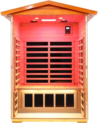 Image of Ultra-Low EMF Full Spectrum Outdoor Sauna 2-Person, Mahogany Far Infrared Saunas for Home, Near&Mid-IR Light, EMF 0.1-1.5mG, Bluetooth & Chromotherapy