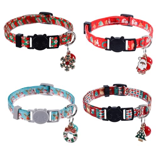 4pcs Cat Collar with Bells, Adjustable Kitten Puppy Collar Christmas Kitten Collars Santa Claus Snowflake Christmas Tree Wreath Breakaway Cat Collars Christmas Accessories for Cats