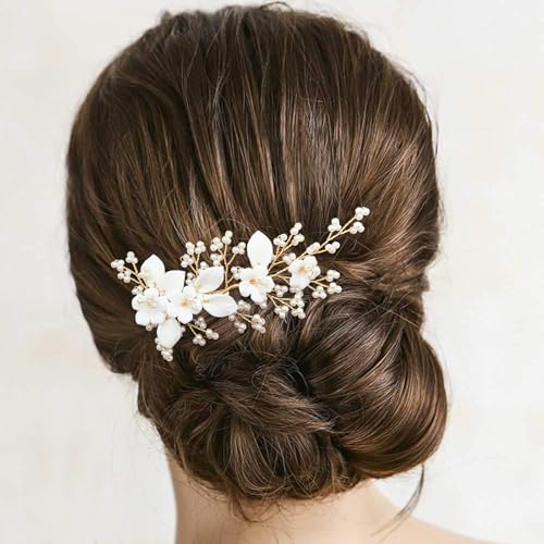 Pinza para cabello con flor cerámica blanca miniatura 3