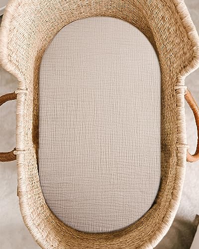 Image of Bassinet Sheet for Baby Boy and Girl, Fitted Sheets for Rectangle, Oval, Hourglass Bassinet Mattress, Muslin Moses Basket Sheets with Neutral Style (Beige)