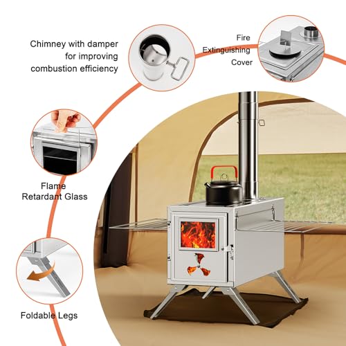Wood Stove, Hot Tent Stove Camping Portable Stainless Steel Wood Burning Stove with 7 Chimney Pipes for Wall Tent Camping, Hunting, Heating, Cooking, Ice Fishing, Boiling Water - Medium - Image 4