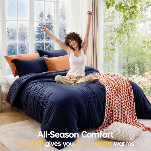Image of MUXHOMO Oversized King Comforter Sets, All Season Ultra Soft Down Alternative Bedding - 3 Piece Lightweight Bed Set Includes 1 Comforter (120 inchx98 inch) and 2 Pillow Shams (20 inchx36 inch), Navy Blue