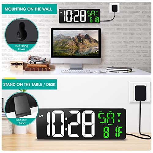Large Digital Wall Clock With Remote Control, 16.5" Led Display With Adjustable Brightness,Dst,Date,Temperature,Timer,Alarm.perfect For Seniors,Gym,Office,Living Room Decor (White And Green) #TOP1