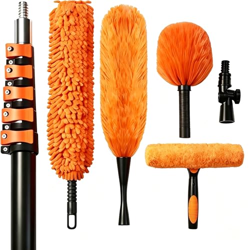 TONYINGO 30FT High Reach Duster Kits with Dual Action Flip-Lock & Screw Fixing Design 5-24FT Extension Pole Cobweb Duster Washable Ceiling Fan Cleaner & Window Squeegee for Glass & High Roof
