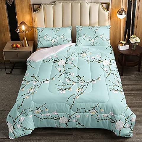 Loussiesd Blumen Steppbett Damen Weiß Blumen Botanisch Bettdecke 135x200cm Mädchen Retro Blumen Zweige Dekor Winter Sommer Bettdecke Mikrofaser Blau Schlafzimmer Cover
