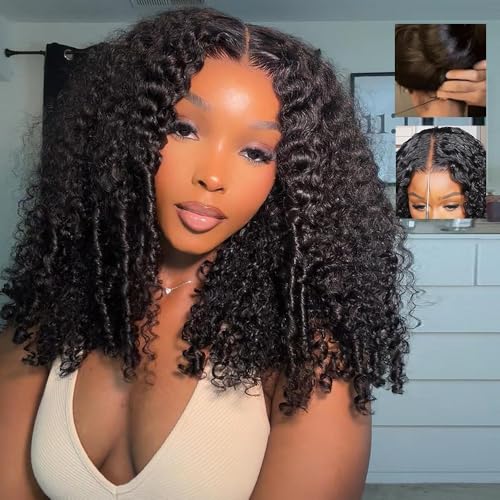 7x6 Burmese Curly Glueless Wigs Human Hair Pre Plucked Pre Cut 250% Density Drawstring Wig Human Hair 7x6 HD Lace Front Wigs Human Hair for Black Women Wear and Go Glueless Wig Natural Color 16inch