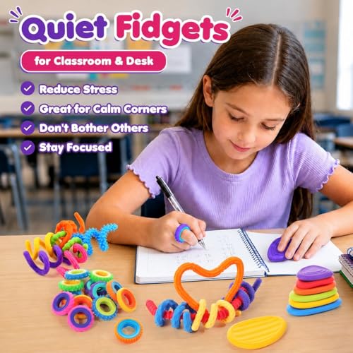 LESONG Sensory Fidget Toys for Kids: 24 Pack Silicone Fidget Set with Fidget Rings, Worry Stones & Shapeable Sticks for ADHD Autism - Quiet Fidgets for Classroom Bulk - Travel and Party Favors - Image 3