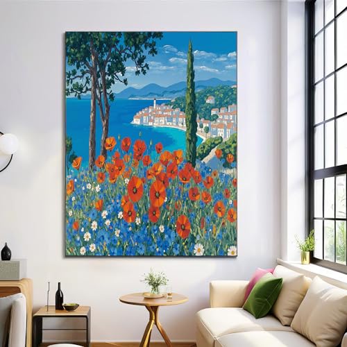 Estilo De Pintura Al Óleo Cuadro sobre Lienzo para Salon 60x90 cm, Lienzos decorativos Poster Flores De Amapola Pueblo Pequeño Dormitorio Cocina, Rojo Vertical Cuadros Decoracion Wall Art Prints Decor