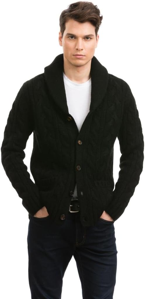 Pure Yak Wool Mens Cardigan with Vintage Shawl Collar and Button Up Design Long Sleeves and Front Pockets