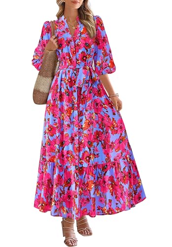 MASCOMODA Womens Floral Maxi Dresses Boho Summer Casual V Neck 3/4 Puff Sleeve Button Down Tie Waist Long Flowy Shirt Dress