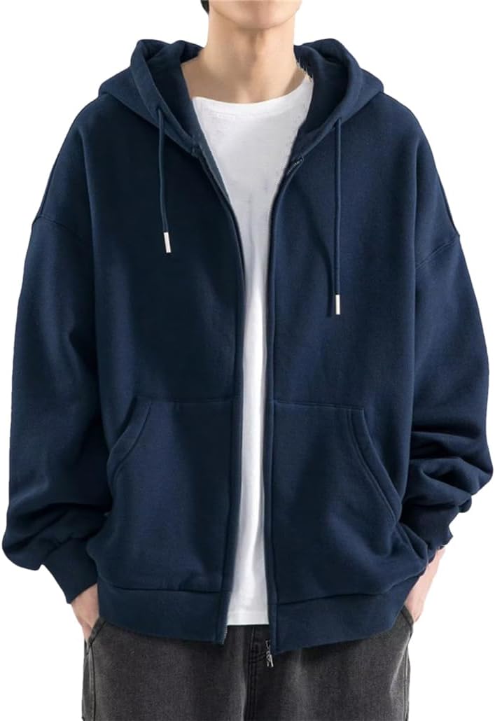 Dninmim Men's Zipper Hoodie Fall Hooded Sweatshirt Cardigan Solid Color Jackets Outerwear Loose Hoode