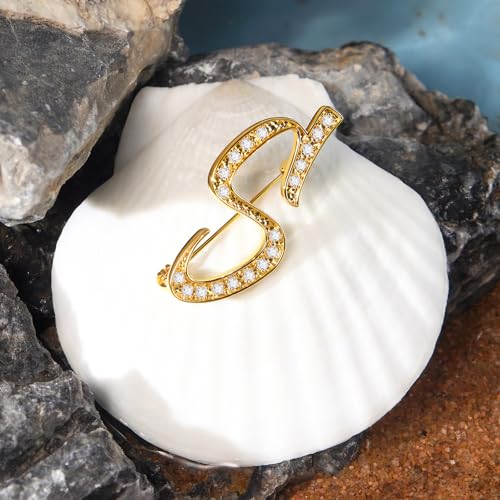 Image of Cicy Bell A-Z Initial 26 Letter Brooch Pins 18k Gold Plated Cubic Zirconia Breastpin Name Personalized Gifts for Women Men