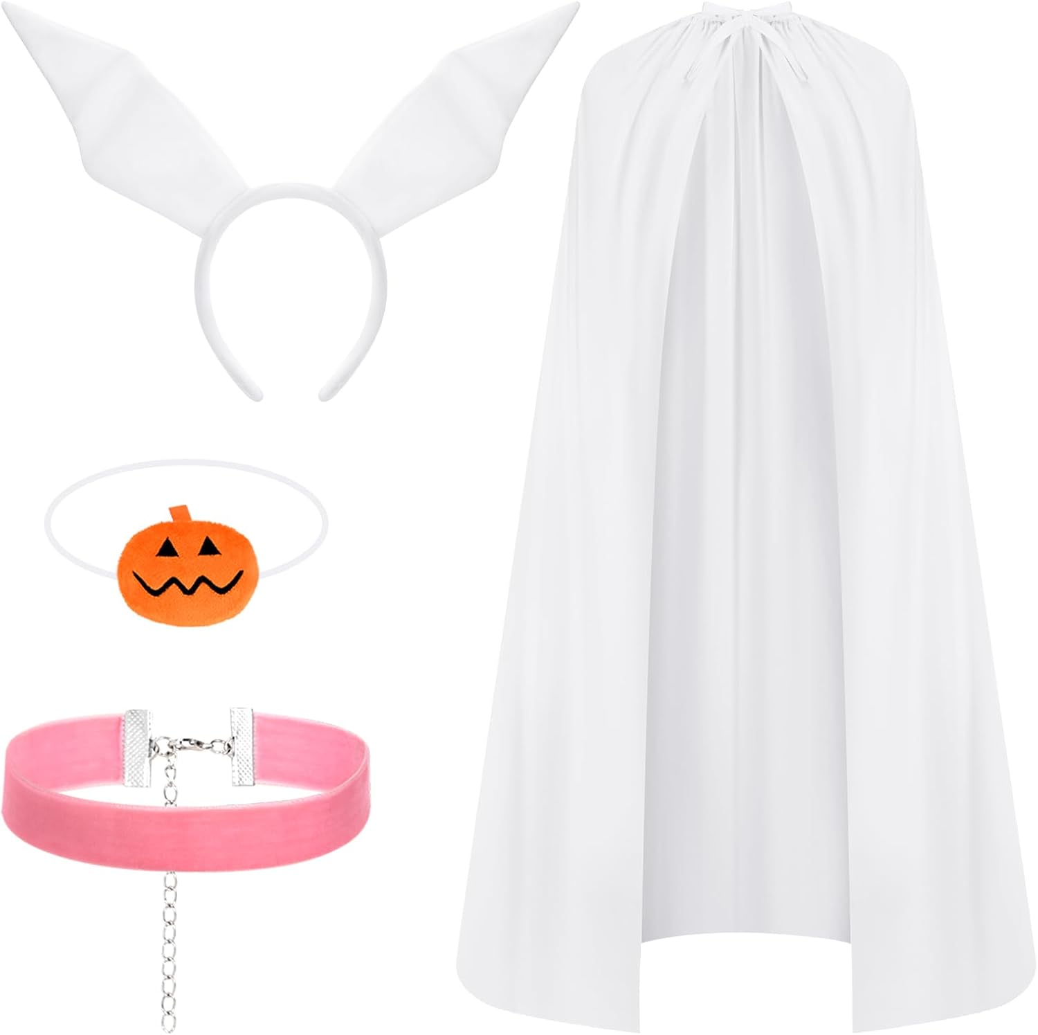 Halloween Ghost Dog Costume for Women with White Cape, Ear Headband, Pink Collar & Pumpkin Nose, Ideal for Halloween Parties, Cosplay, Role Play